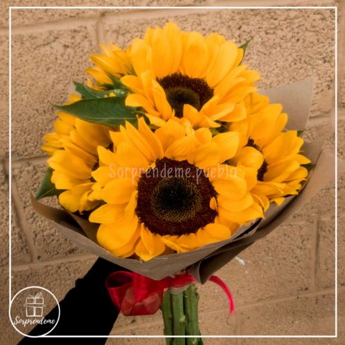 Ramo de girasoles frescos con envoltura elegante y tarjeta personalizada